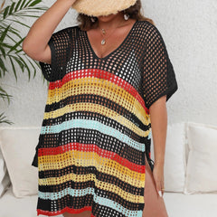 Striped Batwing Sleeve V Neck Beach Cover Up