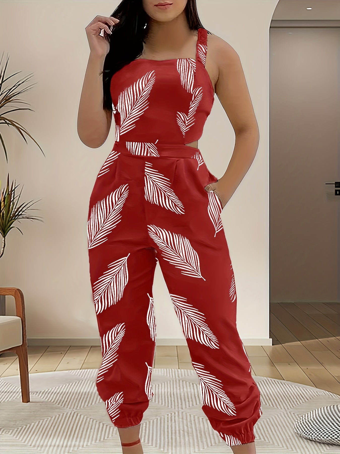 Leaf Print Back Cut Out Jumpsuit Sexy Sleeveless Jumpsuit For Spring & Summer