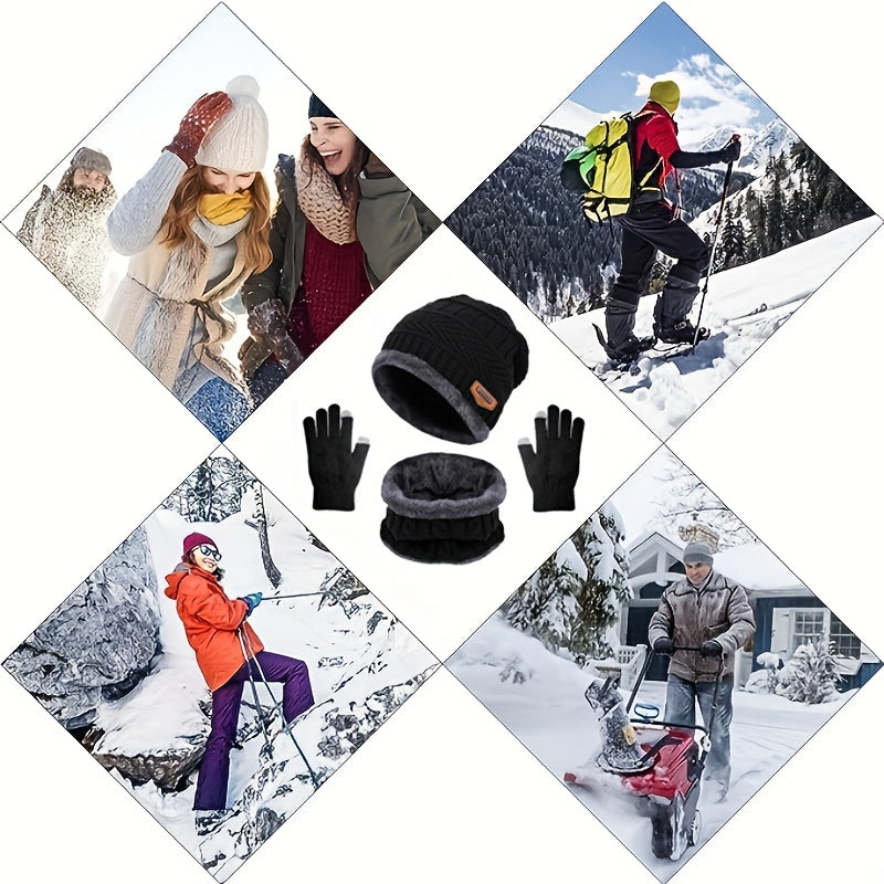 Winter Fleece lined Knit Hat Scarf Touch Gloves 3pc Set