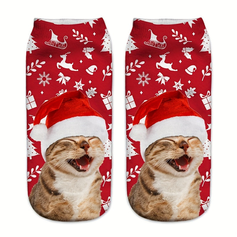 Cartoon Cat Print Crew Socks 2 Pairs Women's Stockings