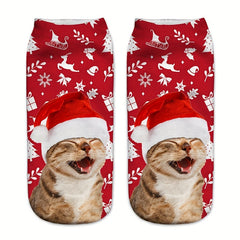Cartoon Cat Print Crew Socks 2 Pairs Women's Stockings