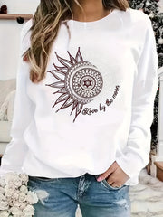 Sun & Moon Print Crew Neck Sweatshirt Long Sleeve Casual Pullover for Women