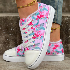 Flamingo Print Canvas Shoes for Women Lace Up Lightweight Low Top Sneakers
