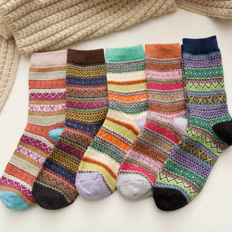 5 Pairs Geometric Pattern Retro Ethnic Crew Socks Women's Stockings