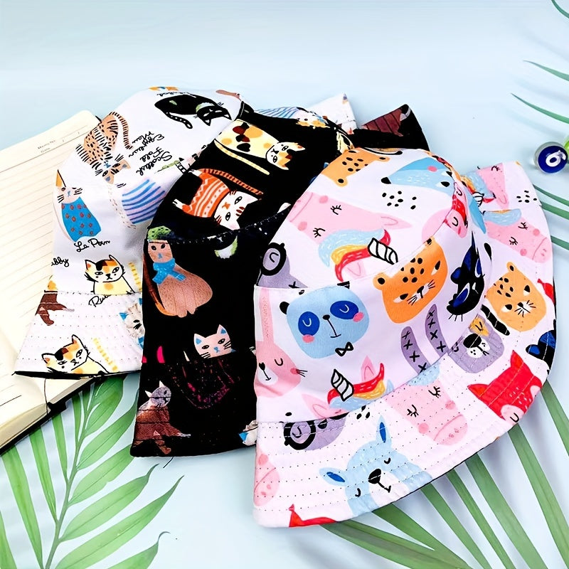 Parent child Style Kitten Graffiti Double sided Wearing Foldable Bucket Hat