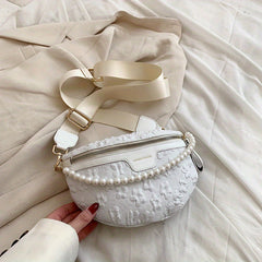 Floral Fanny Pack Women Faux Pearl Chain Chest Purse Wide Strap Crossbody Bag