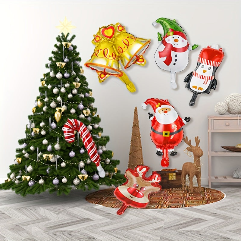 6pcs Christmas Polyester Film Balloons: Candy Crutch, Santa Claus, Christmas Tre