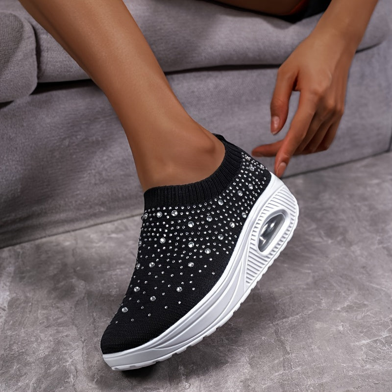 Women's Rhinestone Sporty Chunky Sneakers Fly Weaving Slip On Walking Shoes