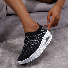 Women's Rhinestone Sporty Chunky Sneakers Fly Weaving Slip On Walking Shoes