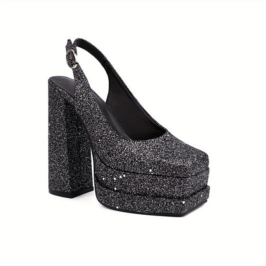 Sequins Decor Platform Pumps Block Heels