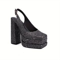 Sequins Decor Platform Pumps Block Heels