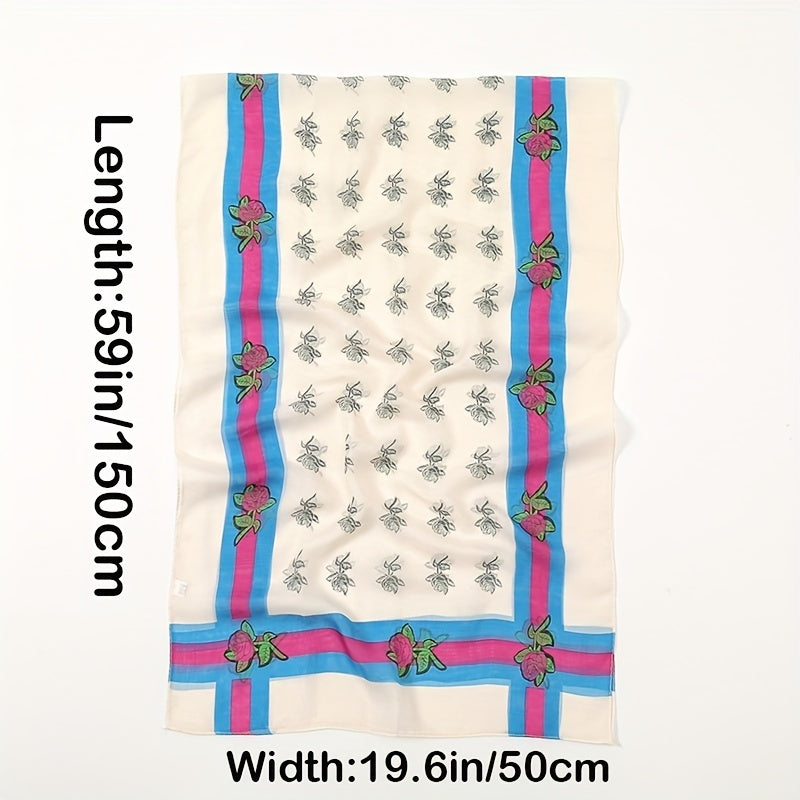 Rose Print Chiffon Scarf Classic Thin Large Shawl Women Windproof Head Wrap