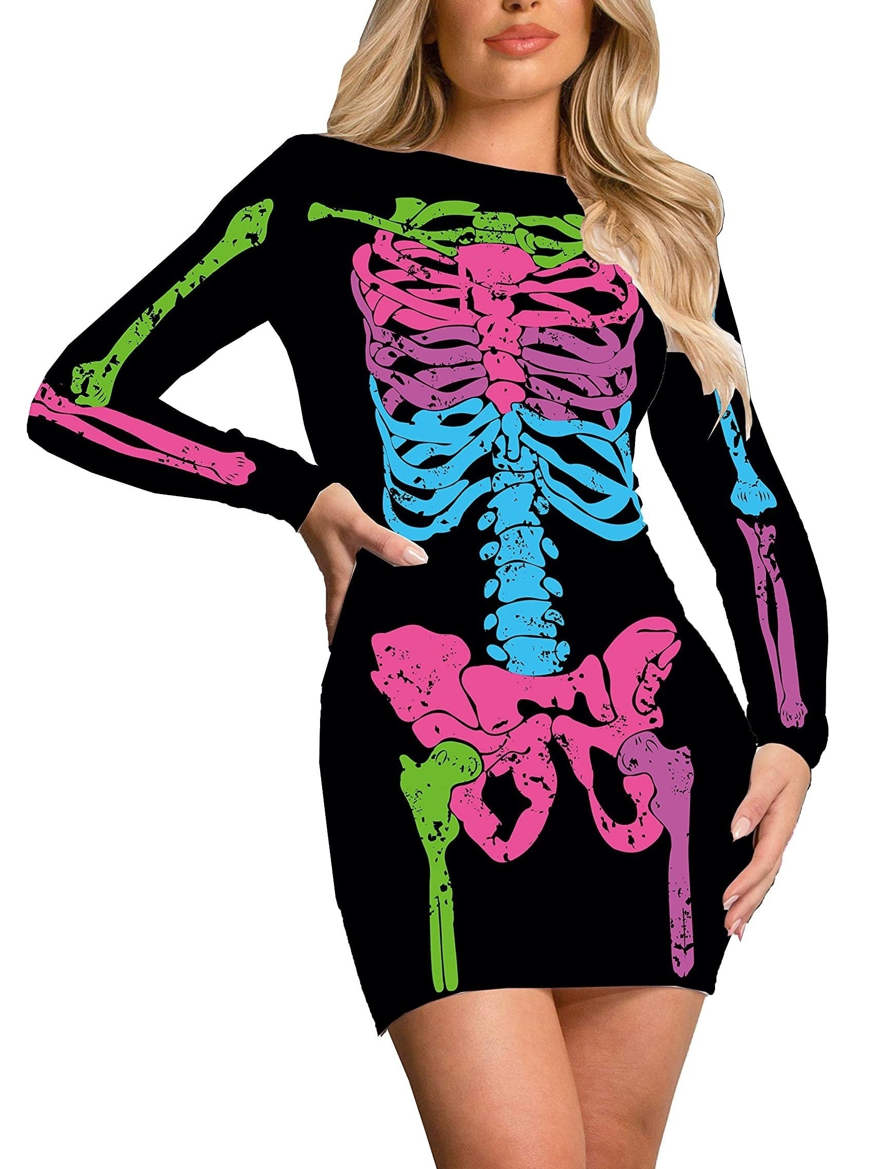 Skeleton Print Halloween Dress Crew Neck Long Sleeve Dress Women's Clothing