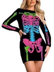 Skeleton Print Halloween Dress Crew Neck Long Sleeve Dress Women's Clothing