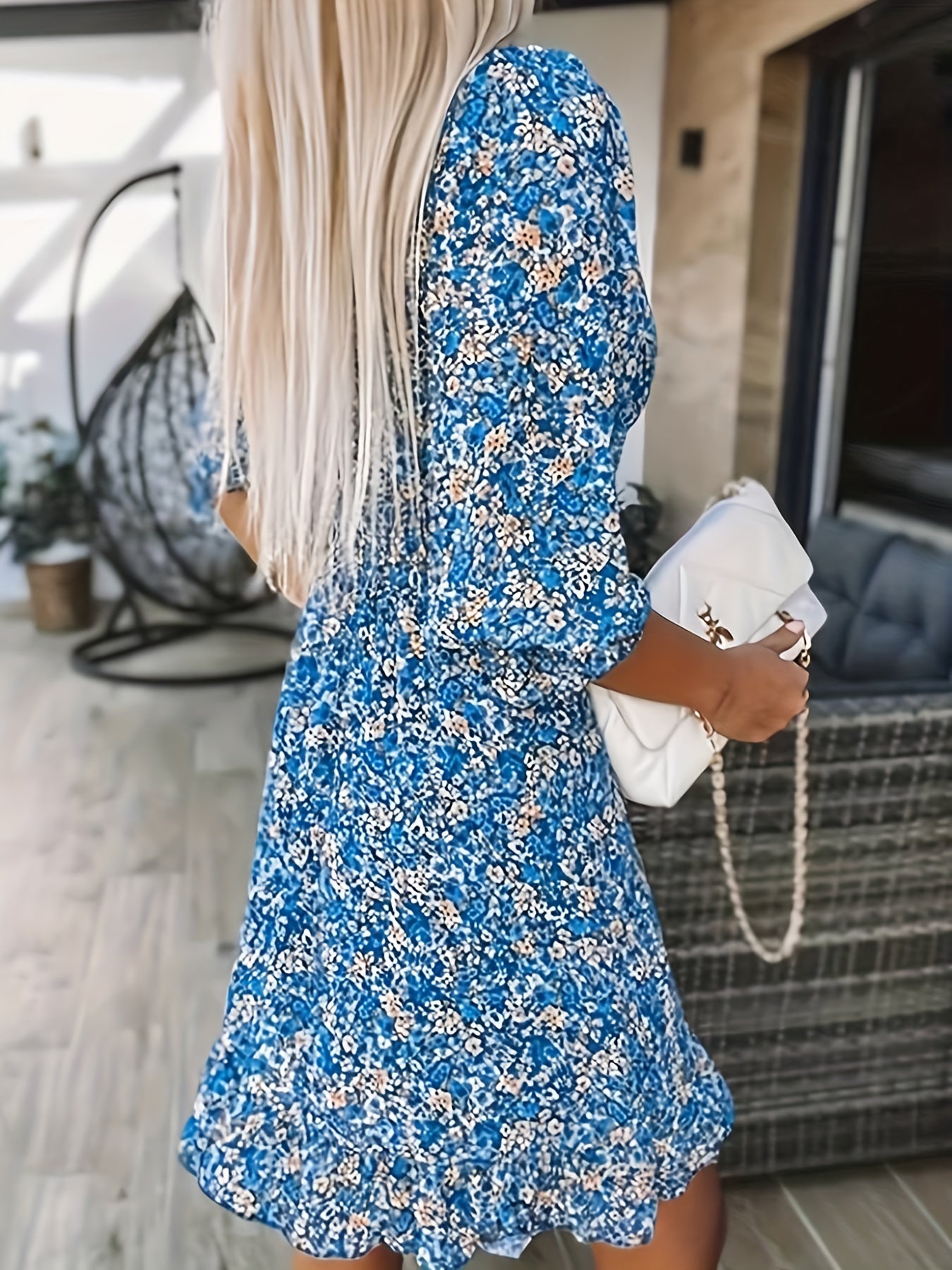 Floral Print Shirred Waist Dress V Neck Casual Dress