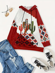 Cactus Print Drawstring Hoodie Casual Long Sleeve Sweatshirt