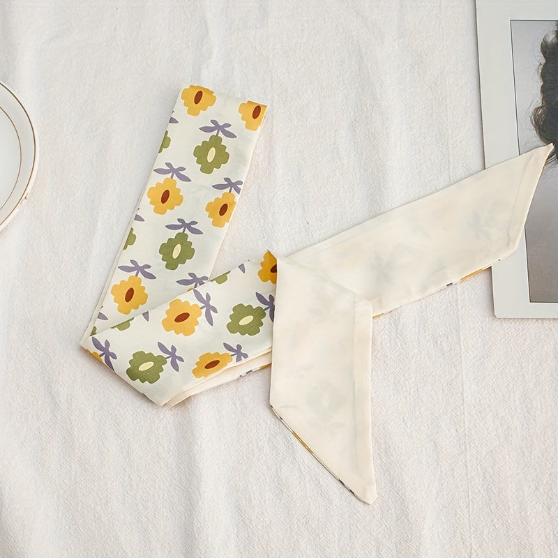 Beige Flower Print Skinny Scarf Long Ribbon Neckerchief
