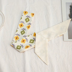 Beige Flower Print Skinny Scarf Long Ribbon Neckerchief