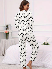 Panda Print Pajama Set Long Sleeve Top & Elastic Waistband Pants