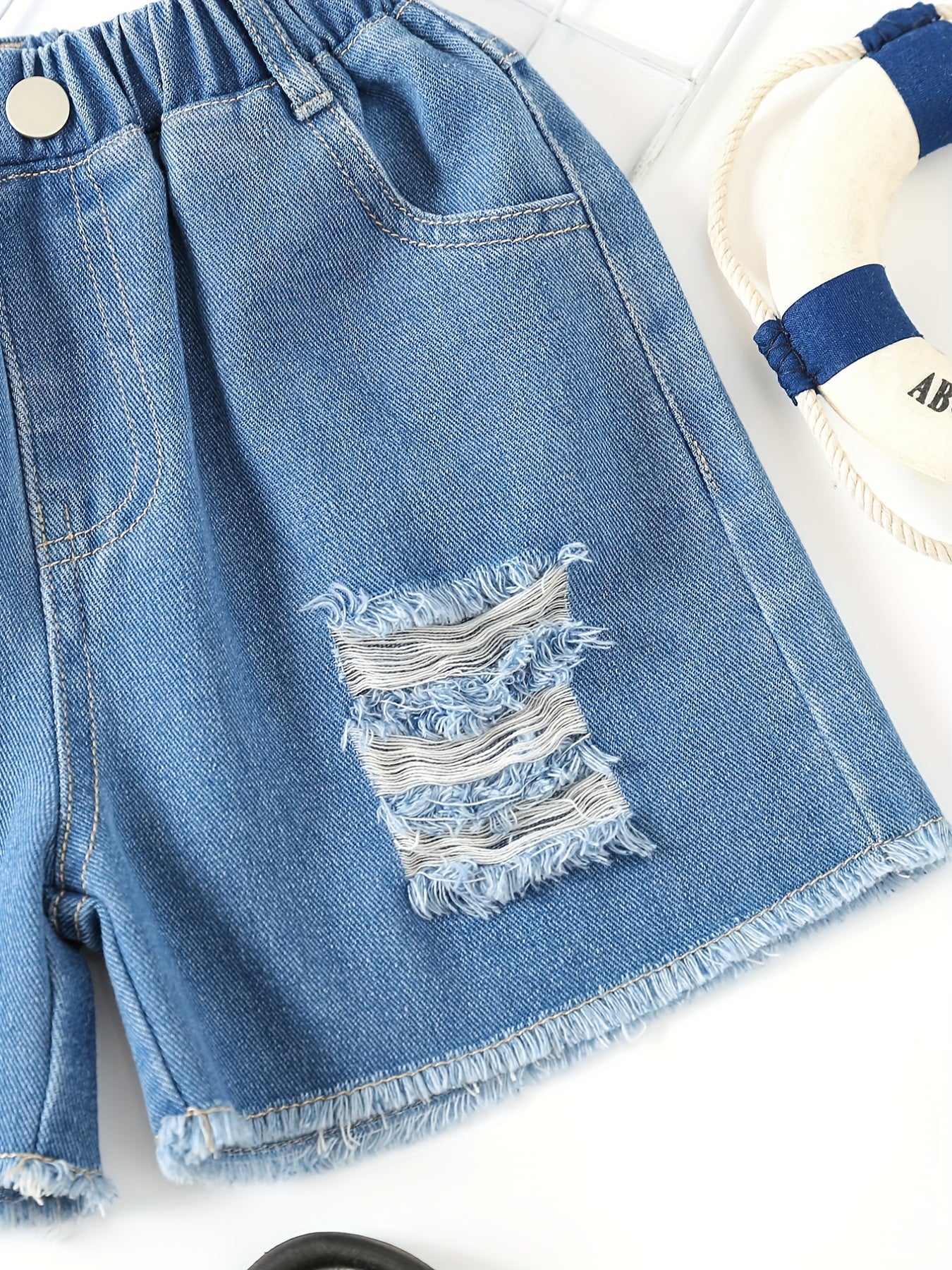 Girls' Ripped Denim Shorts Elastic Waist Summer Shorts
