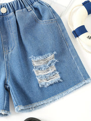 Girls' Ripped Denim Shorts Elastic Waist Summer Shorts
