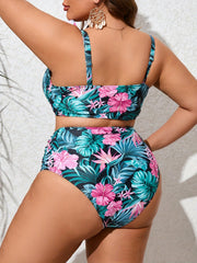 Tropical Print Bikini Set with Ruffle Trim V Neck Cami Top & Underwear