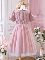 Girl's Princess Tutu Dress With Puff Sleeve Textured Top And Tulle Skirt