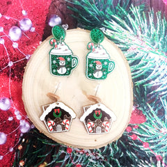 Snowman House Earrings Long Costume Jewelry Holiday Party Accessories