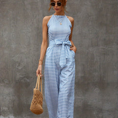 Striped Wide Leg Tie Front Jumpsuit for Women