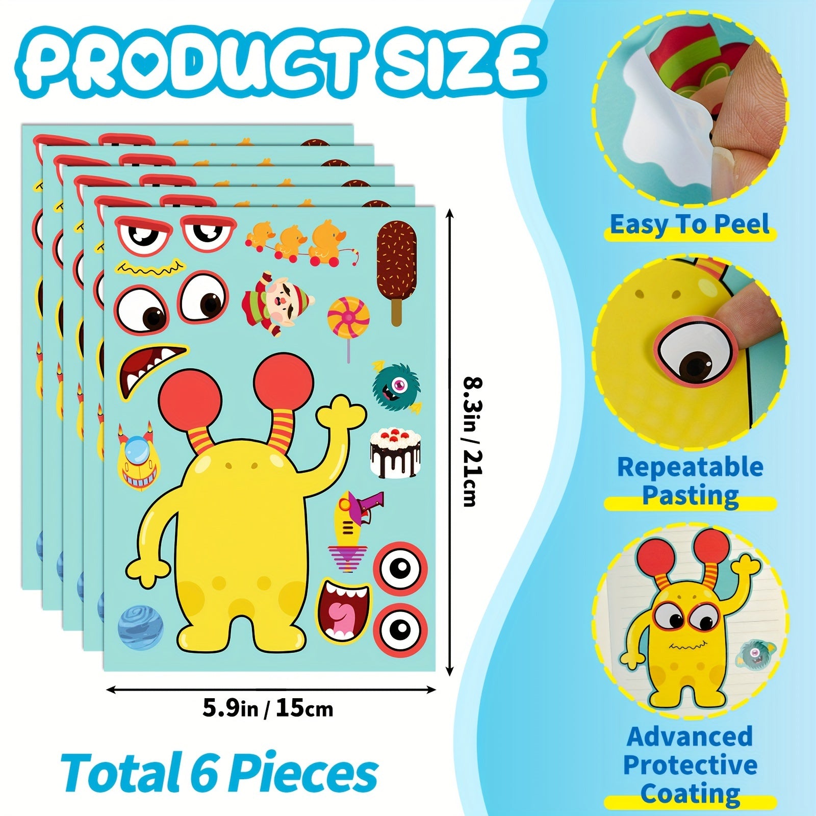 6 Sheets Monster Face Changing Puzzle Stickers Self-adhesive Cartoon Stickers