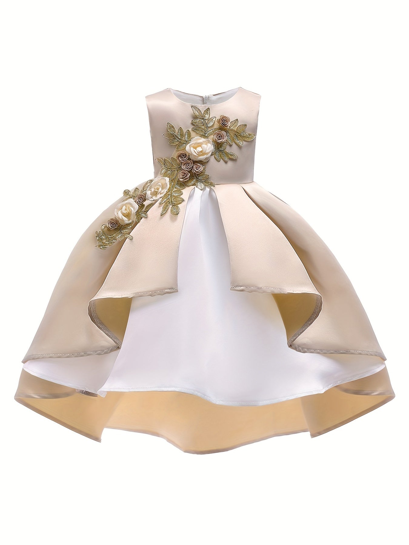 Girls Flower Embroidered Dress Gown One Shoulder Pink
