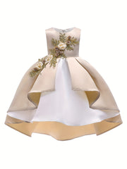 Girls Flower Embroidered Dress Gown One Shoulder Pink