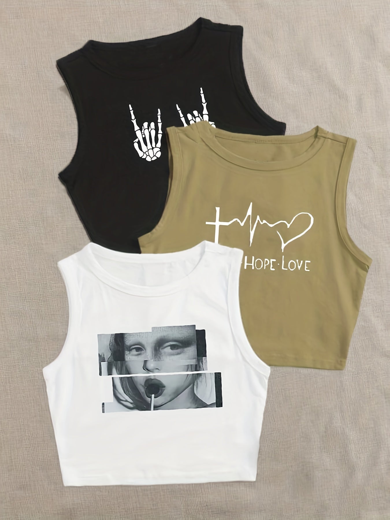 Set of 3 Y2K Graphic Print Crop Tank Tops