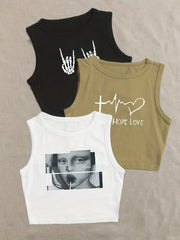 Set of 3 Y2K Graphic Print Crop Tank Tops