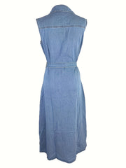 Sleeveless Lapel Denim Dress Single Breasted Button
