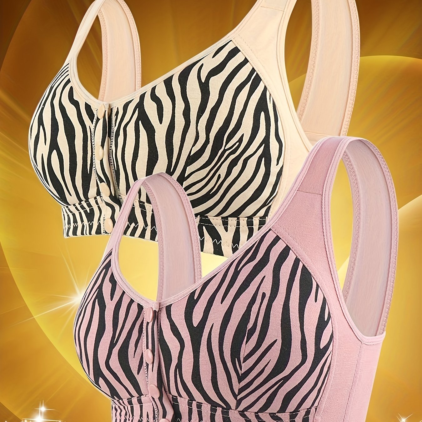 2pcs Striped Wireless Bras Front Buckle Comfy Breathable Women's Lingerie