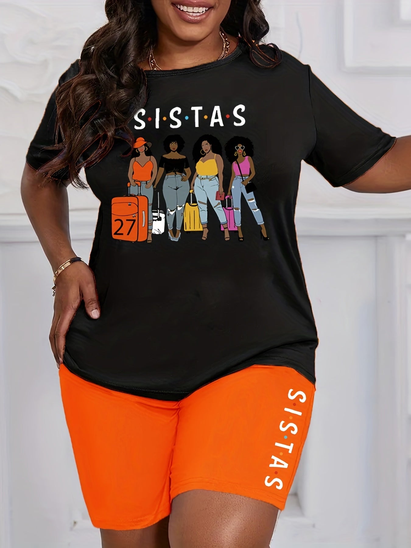 Cartoon Figure & Letter Print 2 Piece Set