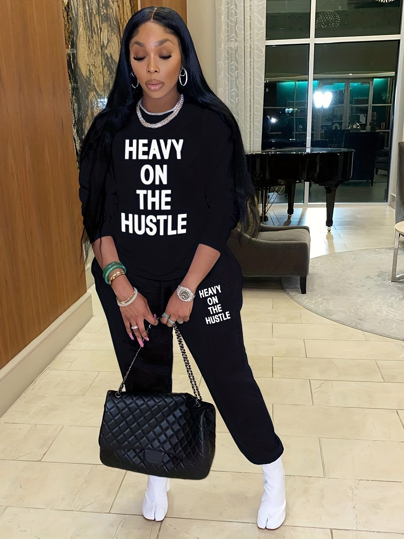 Casual Two piece Set Crew Neck Long Sleeve Tops & Drawstring Jogger Pants