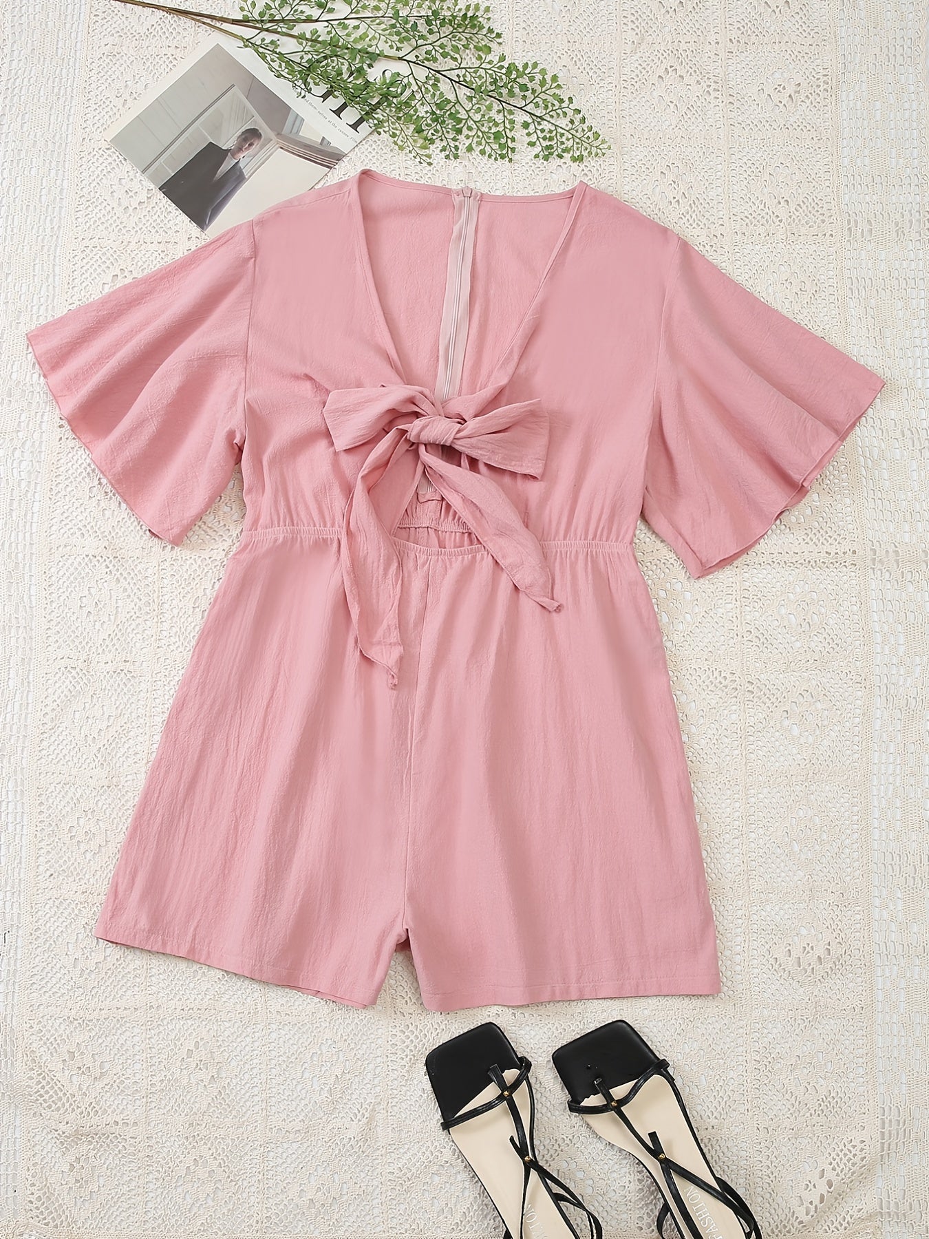 Women's Plus Solid Bell Sleeve Jumpsuit with Bow Knot Cut Out