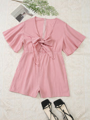 Women's Plus Solid Bell Sleeve Jumpsuit with Bow Knot Cut Out