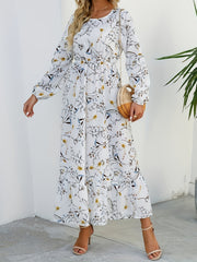 Floral Print Crew Neck Dress Long Sleeve for Spring & Fall