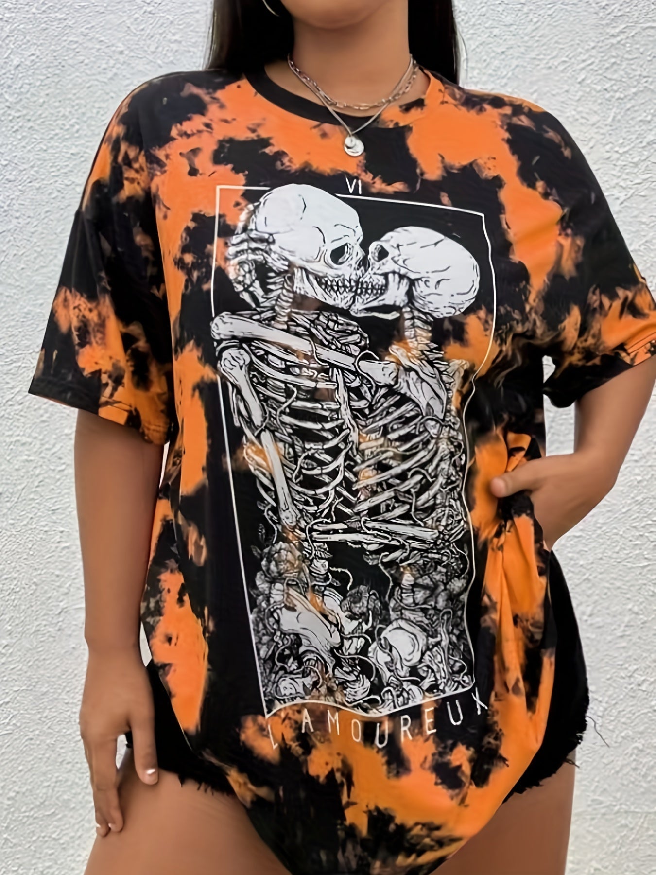 Tie Dye & Skull Print Short Sleeve Halloween Sports Top