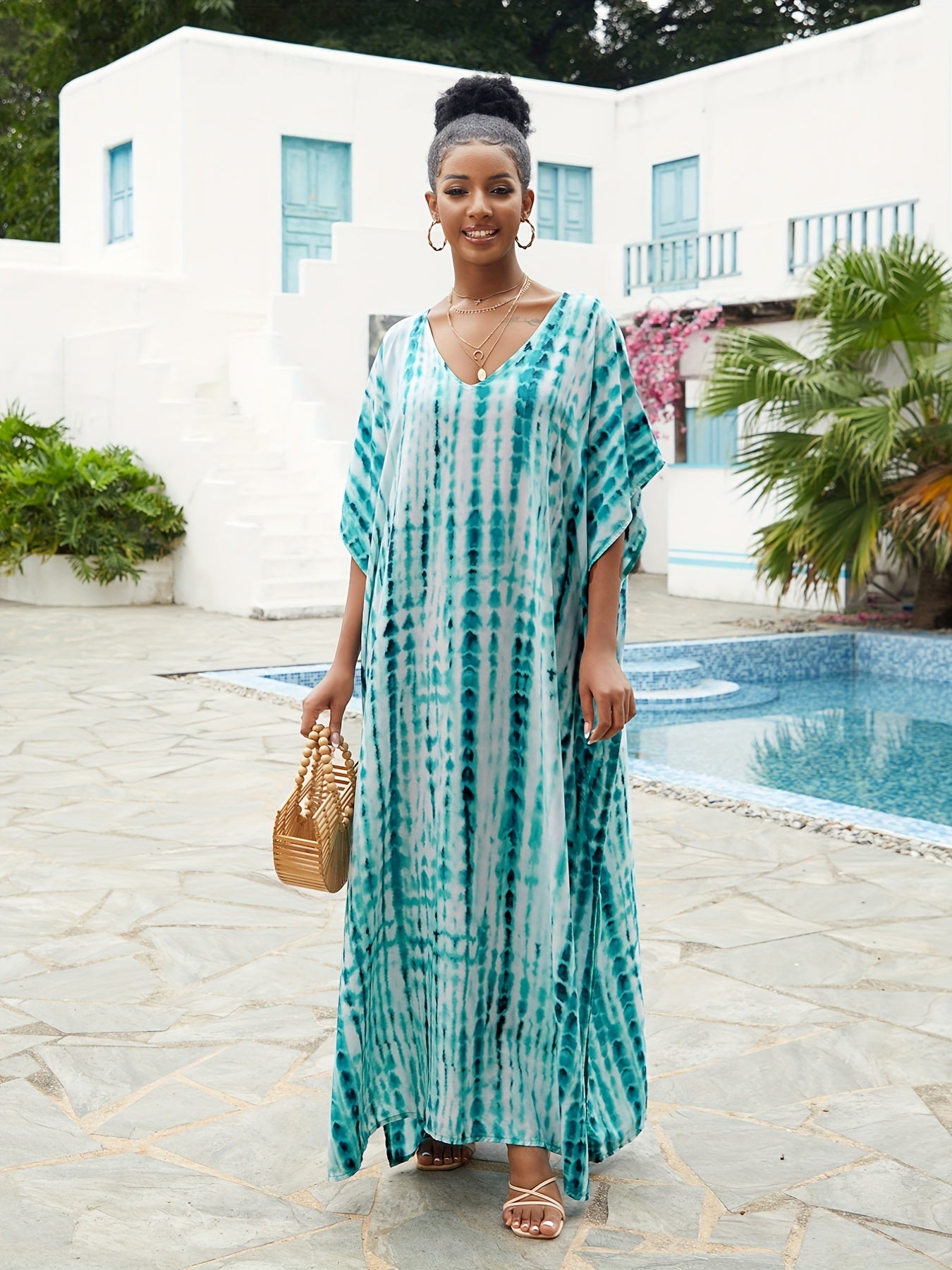 Women's Plus Tie Dye V Neck Bat Sleeve Maxi Cover Up Dress