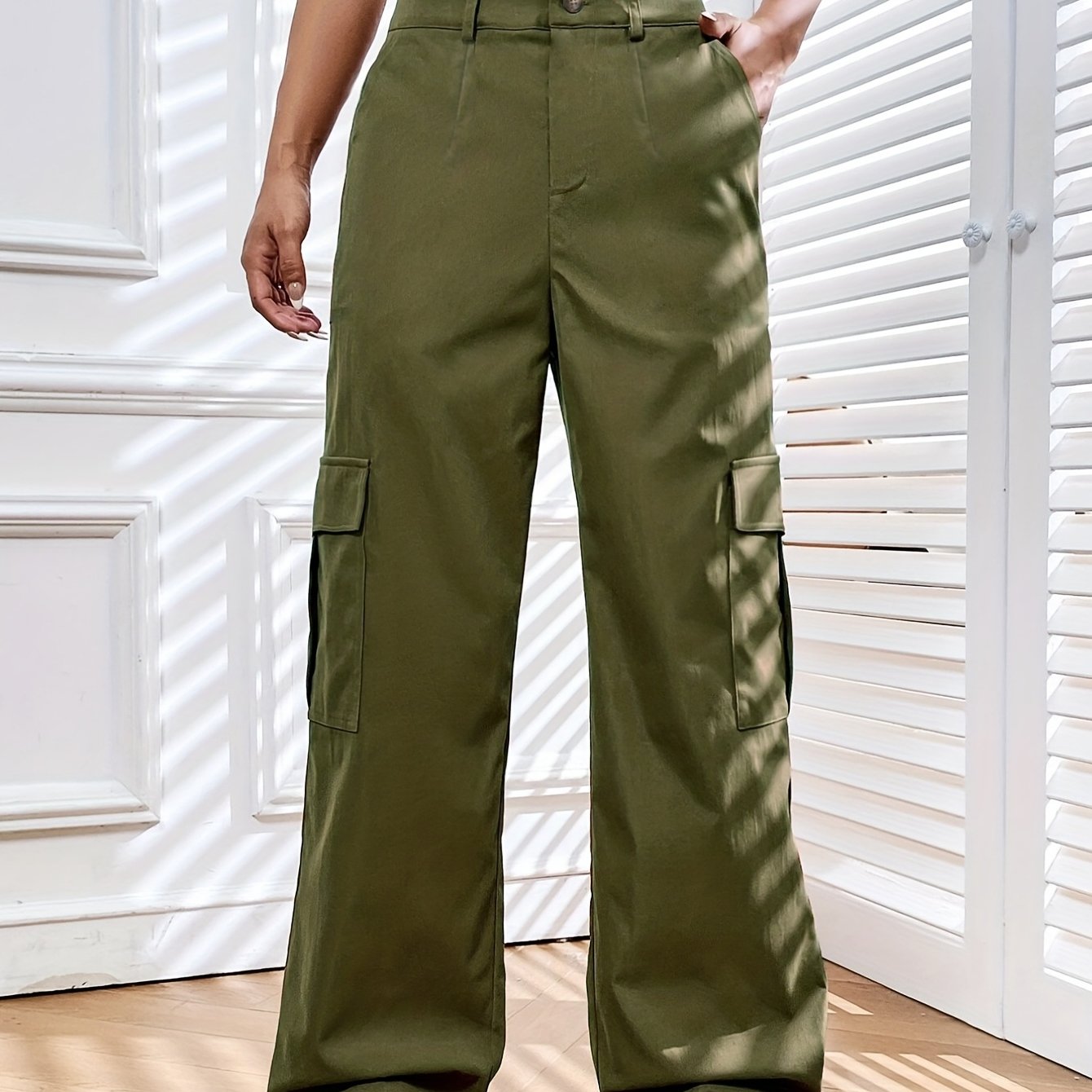 Solid Pocket Cargo Pants Casual Loose Elastic Waist Pants Women's Clothing