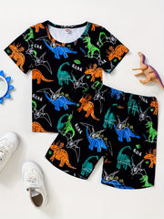 2pcs Boys Dinosaur Graphic Print Tee & Shorts Set Summer Kids Clothes
