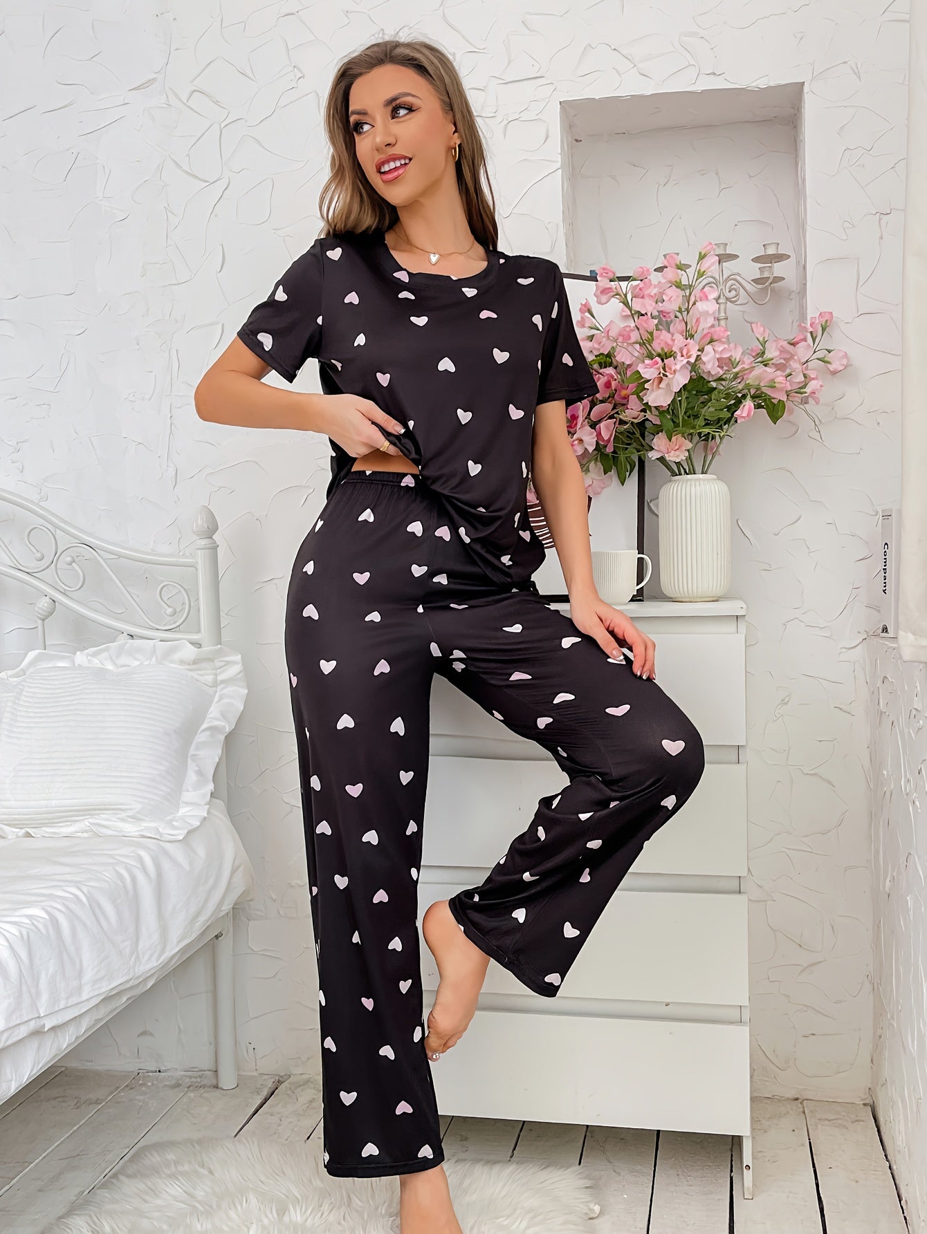 Heart Print Pajama Set Short Sleeve Top & Pants Women's Sleepwear