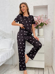 Heart Print Pajama Set Short Sleeve Top & Pants Women's Sleepwear