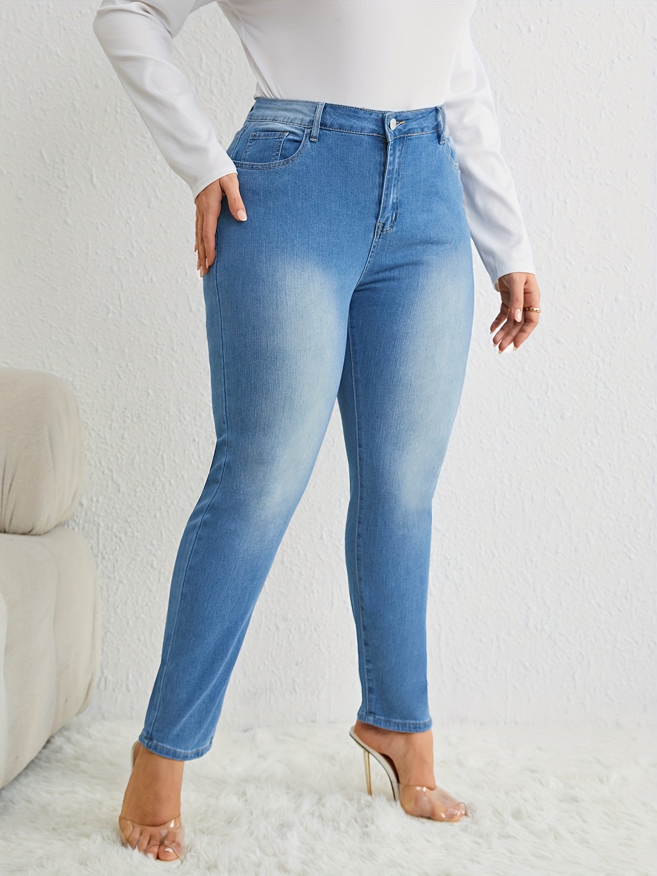 Solid Button Up Slim Fit Elastic Comfort Jeans