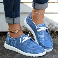 Women's Sea Denim Print Boat Shoes Lace Up Slip on Canvas Shoes