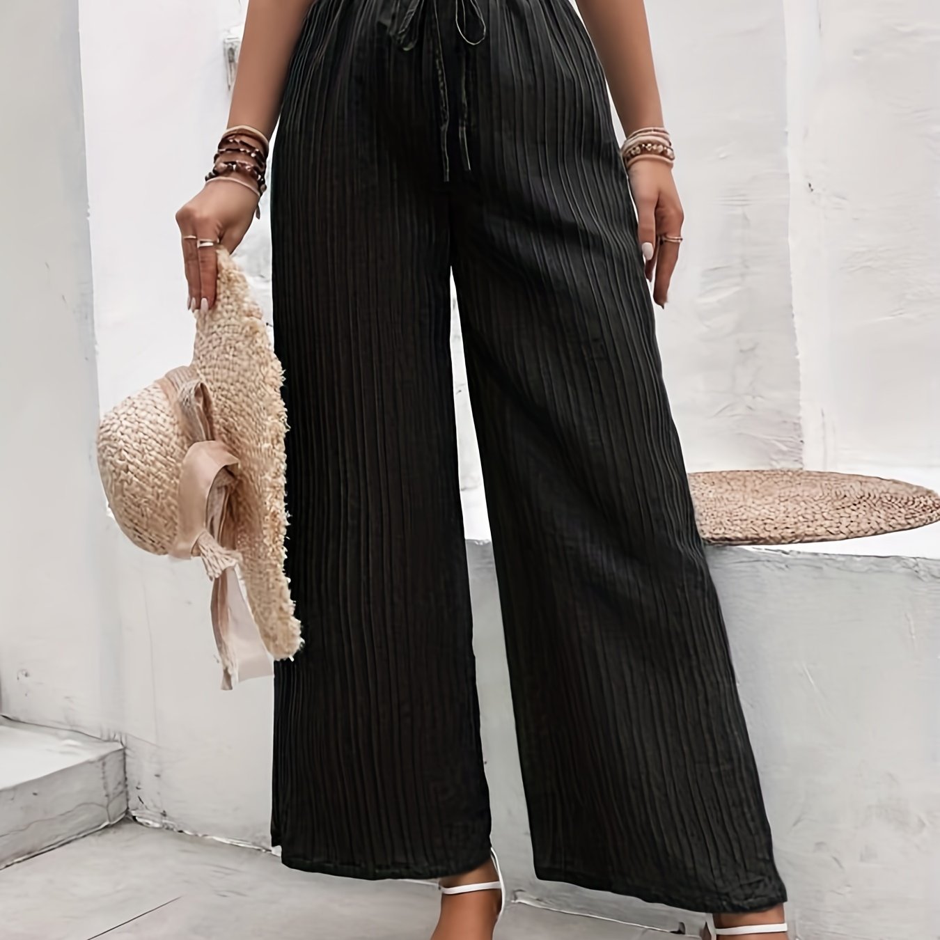 Solid Textured Wide Leg Pants Elastic Waist Tied Pants